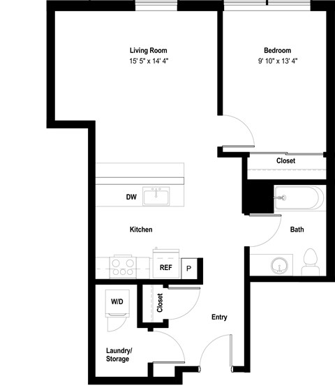 Floor plan for 1 bed, 1 bath, 782 sqft